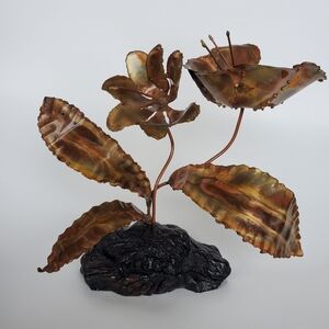 Brutalist Metal Art Sculpture Flowers Stamen & Leaves On Wood Base. Beautiful!